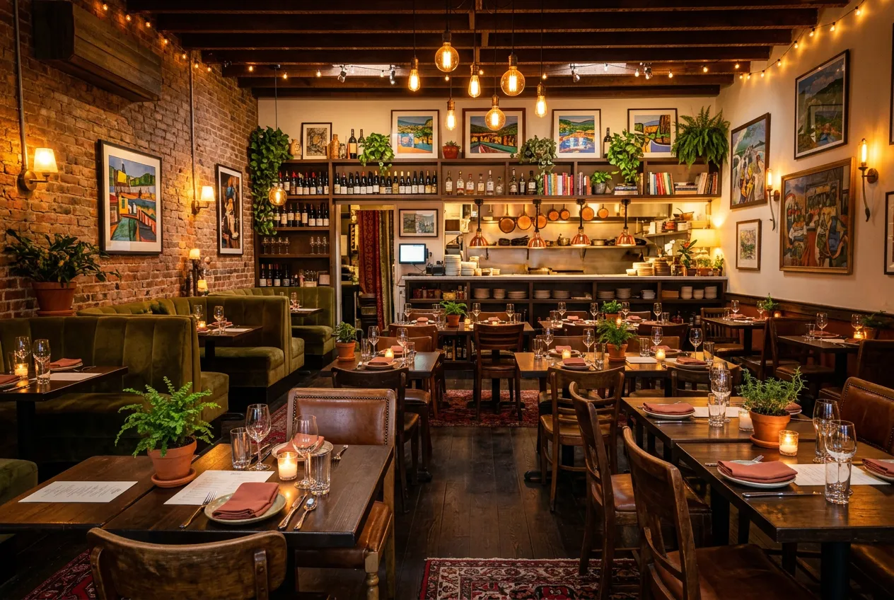 Vibrant restaurant interior with welcoming atmosphere, warm lighting and comfortable seating, local neighborhood eatery style