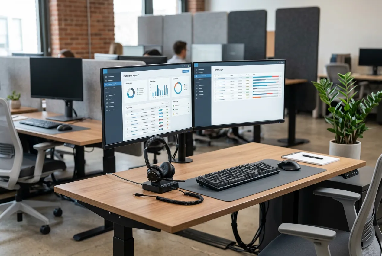 Modern customer support and communication setup with headphones and computer interface, professional help desk environment