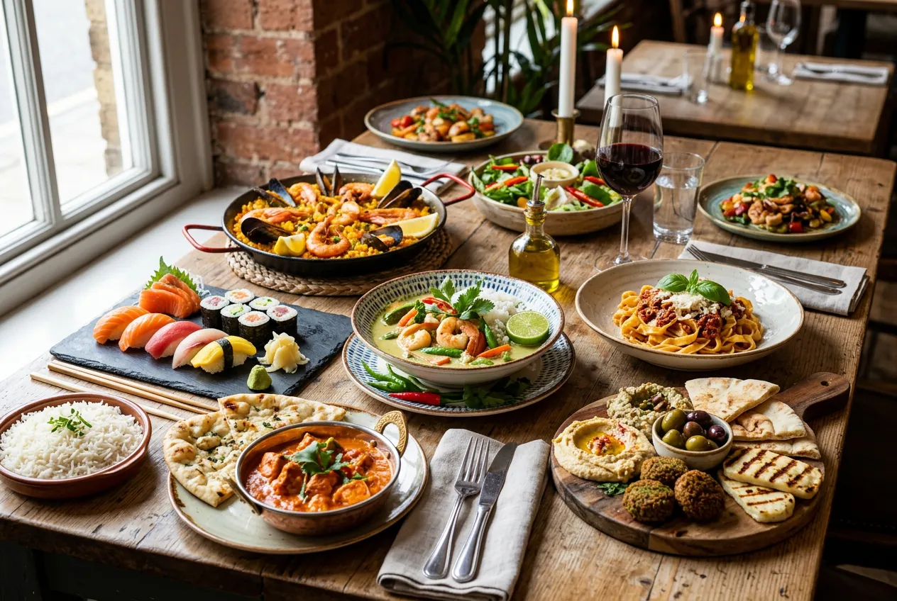 Beautifully plated diverse international dishes on restaurant table, appetizing food presentation with professional styling, colorful cuisine variety
