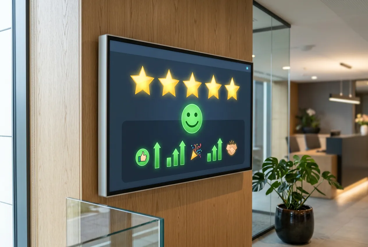 Customer satisfaction display with five-star rating symbols and positive feedback indicators on modern digital screen